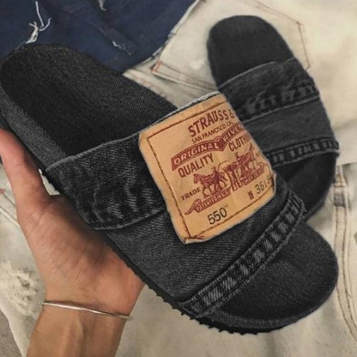 Slippers for women in spring and summer, new foreign trade sizes, European and American fashion, one word thick sole denim, letter cool slippers for women in stock
