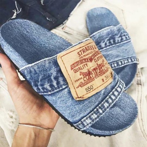 Slippers for women in spring and summer, new foreign trade sizes, European and American fashion, one word thick sole denim, letter cool slippers for women in stock