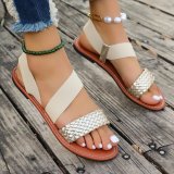 Summer New Foreign Trade Large Size Sandals Women's One line Woven Elastic Band Comfortable European and American Casual Outwear Roman Sandals