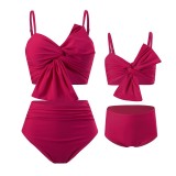 Wholesale of New European and American Swimsuits Solid Color Big Bow Bikini Huludao Printed Swimsuits Parent Child Split Swimsuits