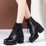 Autumn and Winter New Foreign Trade Large Size Short Boots Belt Buckle Thick Bottom Lace up Martin Boots Women's English Style Thick Heels Women's Boots