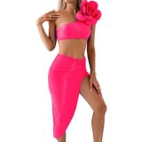Amazon cross-border new split swimsuit women's solid color three-dimensional large flower three piece dress swimsuit wholesale