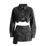 Australian trendy brand smoke gray two-piece set for spring new denim jacket+high waisted irregular skirt for women