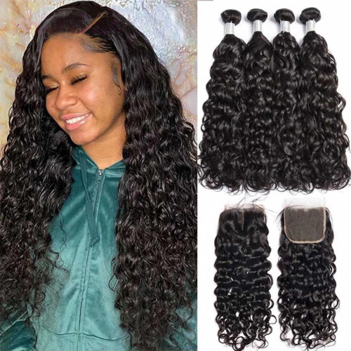 Natural color water human hair curtain hair block combination bundles with closure human hair