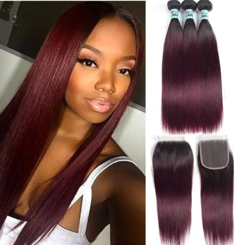 Wine red human hair curtain hair block 1b/99j straight human hair bundles closure