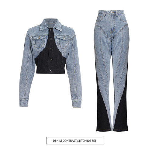 Korean version niche style two-piece set with new black and white splicing short denim shirt+high waisted straight leg pants
