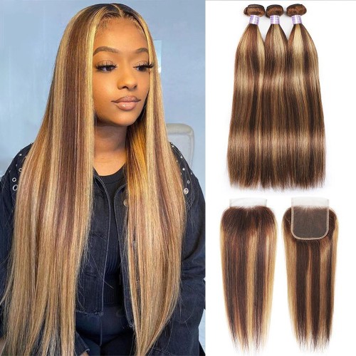 Amazon Piano Color Human Hair Curtain Hair Block 4/27 Human Hair Bundle with Closure