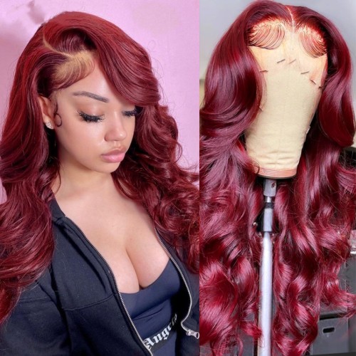 Factory straight lace real human hair wine red headband Body Wave human hair wigs