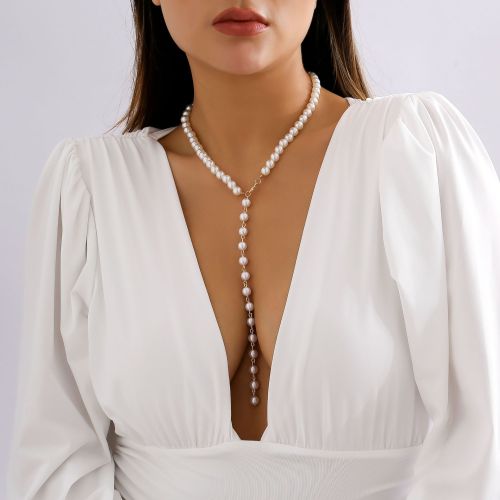 European and American cross-border jewelry, French retro Y-shaped beaded necklace, elegant long style imitation pearl tassel necklace for women