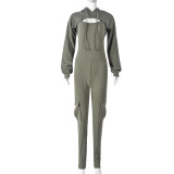 9856 autumn/winter new solid color long sleeved hooded sexy suspender slim fit jumpsuit, European and American cross-border two-piece set