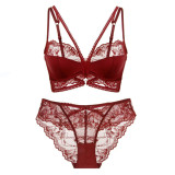 French sexy ultra-thin lace lingerie, red zodiac bra, large chest, small size, anti sagging bra set