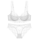 Ultra thin non sponge transparent bra with large chest and small lace bra for women's sexy lingerie bra set