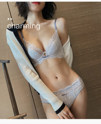 New French Lace Soft Steel Ring Bra Set with Large Chest for Small and Sexy Gathering Underwear Thin Anti sagging Summer