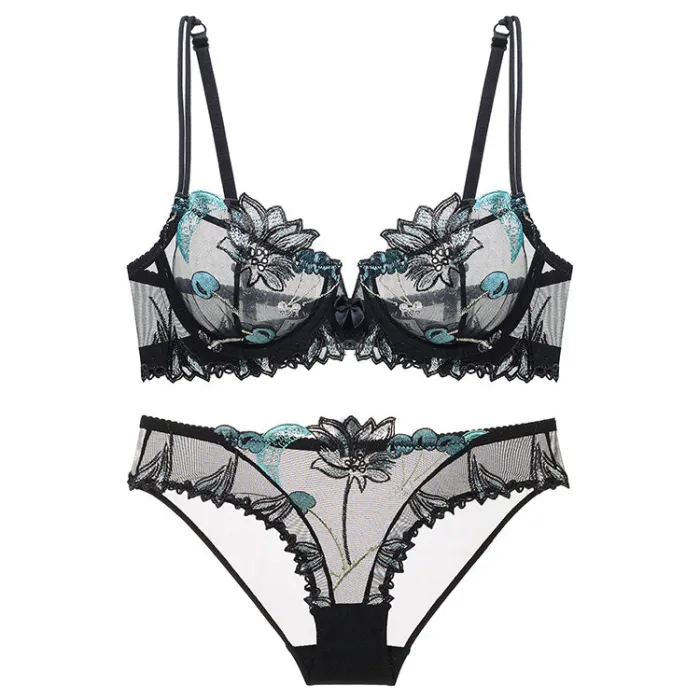 Ultra thin embroidered lace sexy bra lingerie flower bra thin transparent set