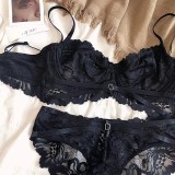 French style lingerie for women, sexy, breathable, ultra-thin lace collection bra set, comfortable gathering, large chest display, small bra