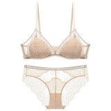 New sexy eyelashes without steel ring bra, French lace lingerie, women's thin cotton triangular cup gathering bra set