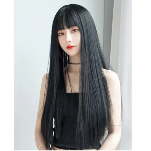 Korean wig female black long hair soft girl realistic fake headband, Japanese internet celebrity air bangs, temperament and face shaping wigs