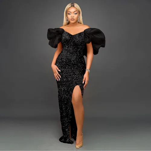 AM220527 ruffled V-neck, elegant sequin long dress, socialite banquet evening dress, women's party dre