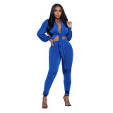 Cross border European and American new product solid color cardigan tie long sleeved women's two-piece fashion casual tight pants set