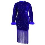 AM030703 Christmas Dress Long sleeved Short Skirt Party Banquet Ball Dress Tassel Sequin Dress Dress