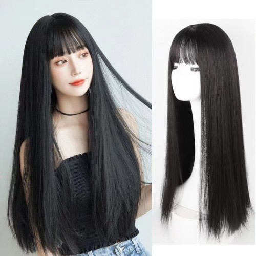 Korean wig female black long hair soft girl realistic fake headband, Japanese internet celebrity air bangs, temperament and face shaping wigs