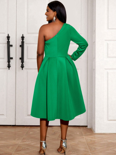 AM030928 Elegant Style One Shoulder Sleeves Large Hem Dress Commuter Date Party A-line Dress Dresses