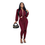 Cross border European and American new product solid color cardigan tie long sleeved women's two-piece fashion casual tight pants set
