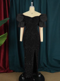AM220527 ruffled V-neck, elegant sequin long dress, socialite banquet evening dress, women's party dre