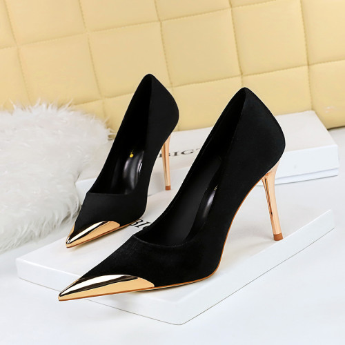 European and American style banquet fashion light luxury high heels, thin heels, high heels, metal pointed suede women's shoes, single shoes
