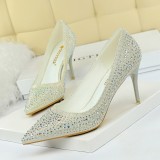 Korean version of fashionable banquet women's shoes with thin heels, shallow mouth, pointed toe, sexy slimming effect, rhinestone color diamonds, high heels, single shoes