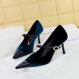 Korean version of banquet high heeled women's shoes, thin heeled, Xishi velvet surface, shallow mouth splicing, pointed one line strap, single shoe for women