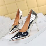 European and American style sexy slimming shallow mouthed pointed ultra-high heels with metal stone pattern retro women's singles shoes and high heels
