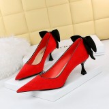 Korean version sexy slimming high heels, women's shoes, slim heels, high heels, suede, shallow mouthed pointed bow single shoes