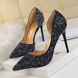 European and American style sexy nightclub slimming women's shoes with thin heels, high heels, shallow mouth, pointed toe, side hollowed out sequin single shoes