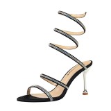 European and American Sexy Nightclub Banquet Women's Shoes with Thin Heels, High Heels, Snake Shaped Wrapped Strap, Water Diamond Wrist Wrapped Strap, Sandals
