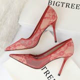 European and American sexy slimming high heels, women's shoes, thin heels, high heels, shallow mouthed pointed mesh perforated lace single shoes
