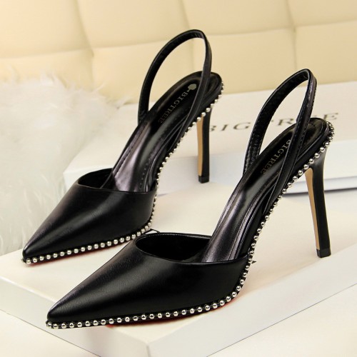 European and American style sexy nightclub slimming high heel suede shallow cut hollowed out back strap with rivet pointed women's sandals