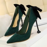 Korean version sexy slimming high heels, women's shoes, slim heels, high heels, suede, shallow mouthed pointed bow single shoes