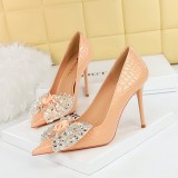 Korean Fashion Banquet High Heels, Thin Heels, Ultra High Heels, Shallow Mouth, Pointed Water Diamond Bow, Single Shoes for Women