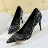 Korean version of fashionable banquet women's shoes with thin heels, shallow mouth, pointed toe, sexy slimming effect, rhinestone color diamonds, high heels, single shoes