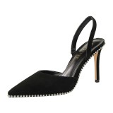 European and American style sexy nightclub slimming high heel suede shallow cut hollowed out back strap with rivet pointed women's sandals