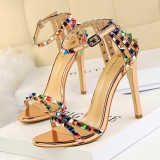 European and American style Roman style women's shoes with slim heels, ultra-high heels, exposed toes, and a hollow colored rivet sandal