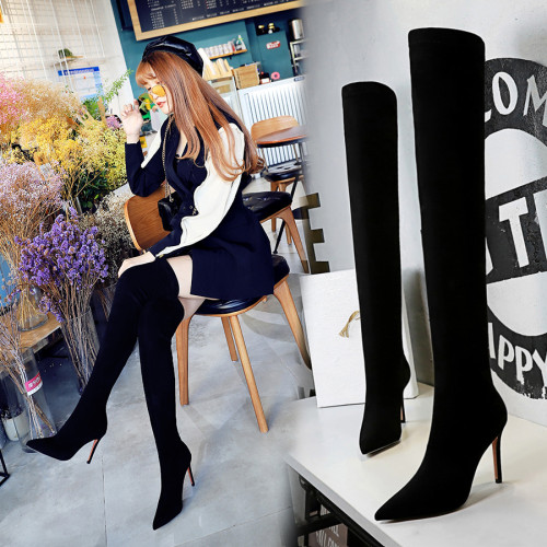European and American fashion minimalist winter women's boots with thin heels, high heels, suede, sexy nightclubs, slimming knee length boots