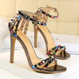 European and American style Roman style women's shoes with slim heels, ultra-high heels, exposed toes, and a hollow colored rivet sandal