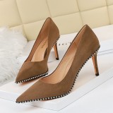 European and American style sexy nightclub slimming, ultra-high heels, suede surface, shallow mouth metal chain pointed women's singles shoes