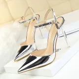 European and American style minimalist slim heels, ultra-high heels, shallow mouthed pointed patent leather, sexy nightclubs, slimming off with a straight line strap, women's sandals