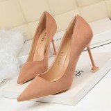 Korean version of fashionable, sexy, slim fitting high heels for women's shoes, slim heels, high heels, suede, shallow mouthed pointed toe single shoes