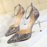 European and American Sexy Nightclub Women's Shoes High Heels, Shallow Mouth, Pointed Metal Thin Heels, One Line with Sequins, Hollow Sandals