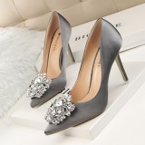 Korean version rhinestone women's shoes with thin heels, high heels, sexy slimming effect, shallow mouth, pointed tip, shiny rhinestone buckle single shoe