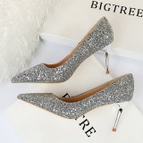 European and American style sexy nightclub slimming high heels, women's shoes, slim heels, high heels, fashionable sparkling sequin single shoes